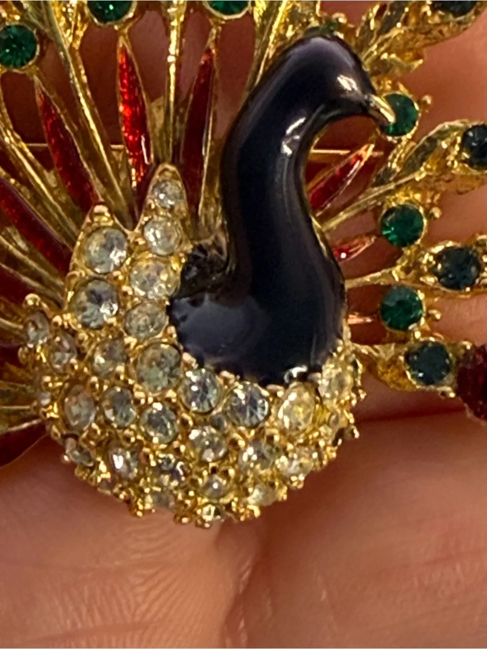 Vintage Signed Peacock Brooch 1.75” Gold Tone Rhinestone Enamel Pin Red Green St